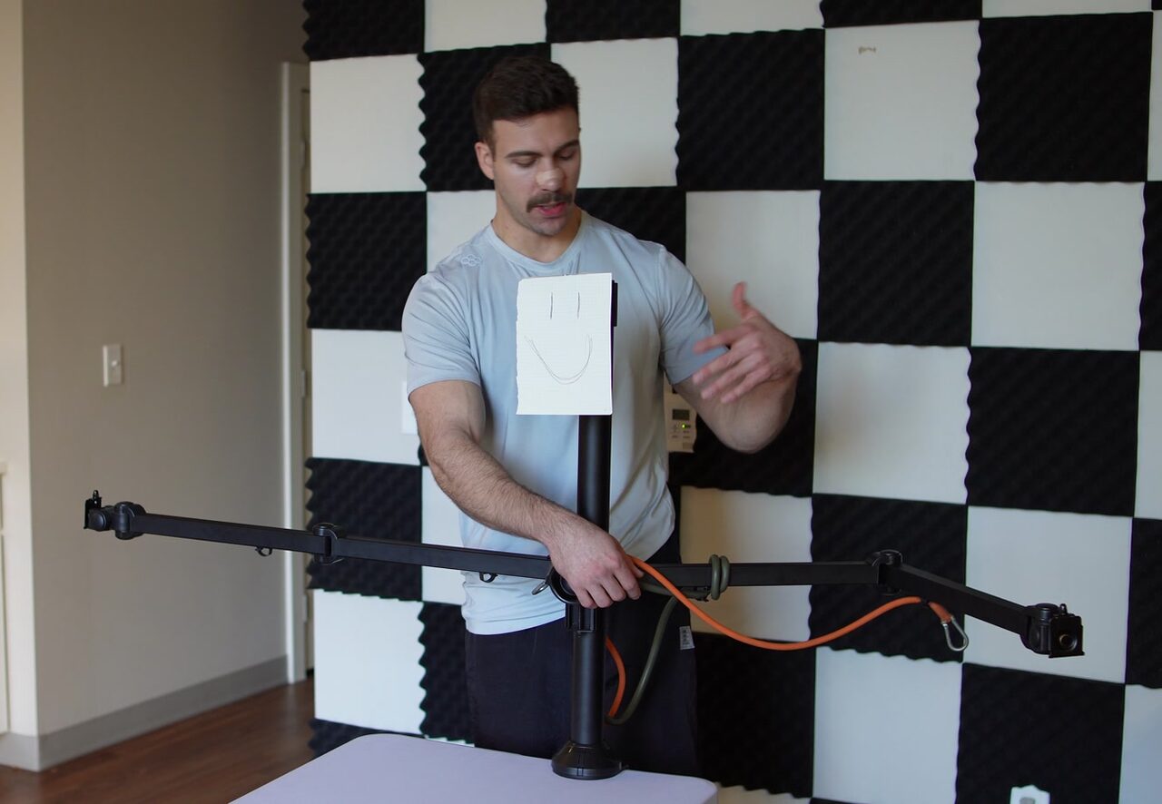 Steven — a monitor-mount model standing in for the arm and chest