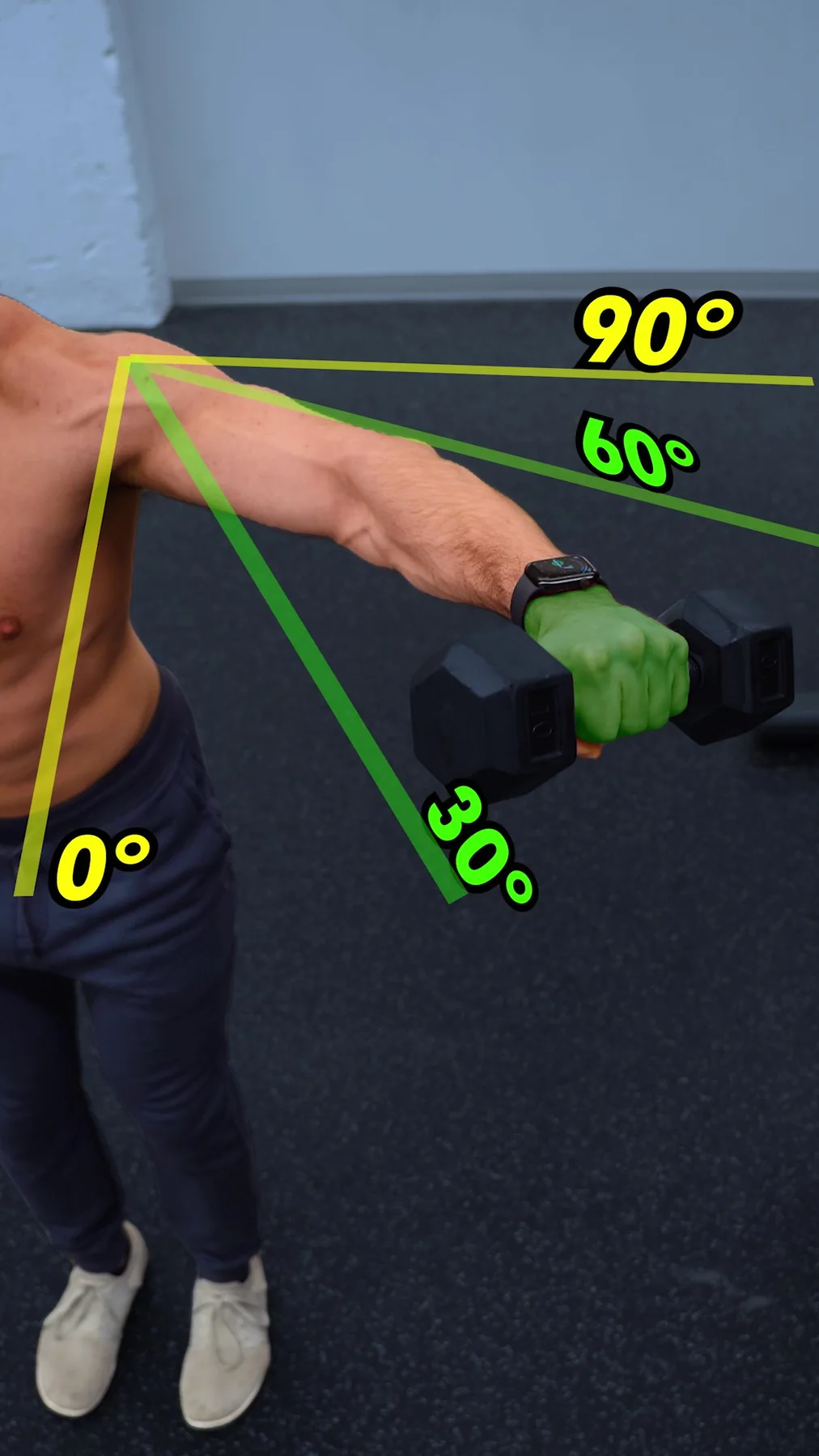 Lateral raise setup with shoulder-angle guides marking the individual raise slot