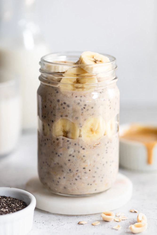 Overnight oats in a mason jar topped with banana