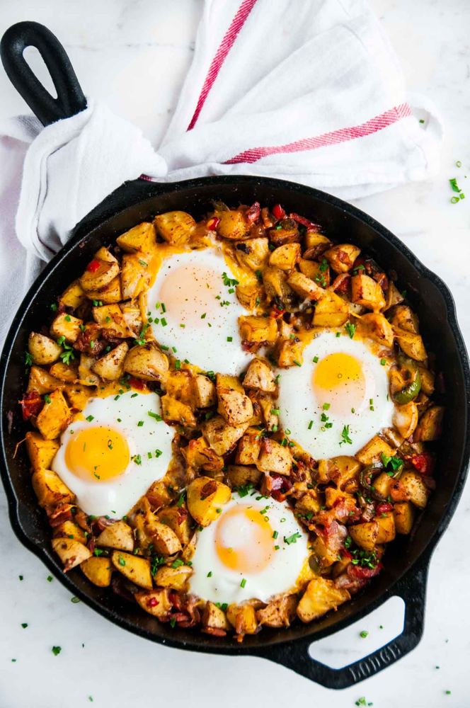 Potato and egg skillet with sunny-side-up eggs