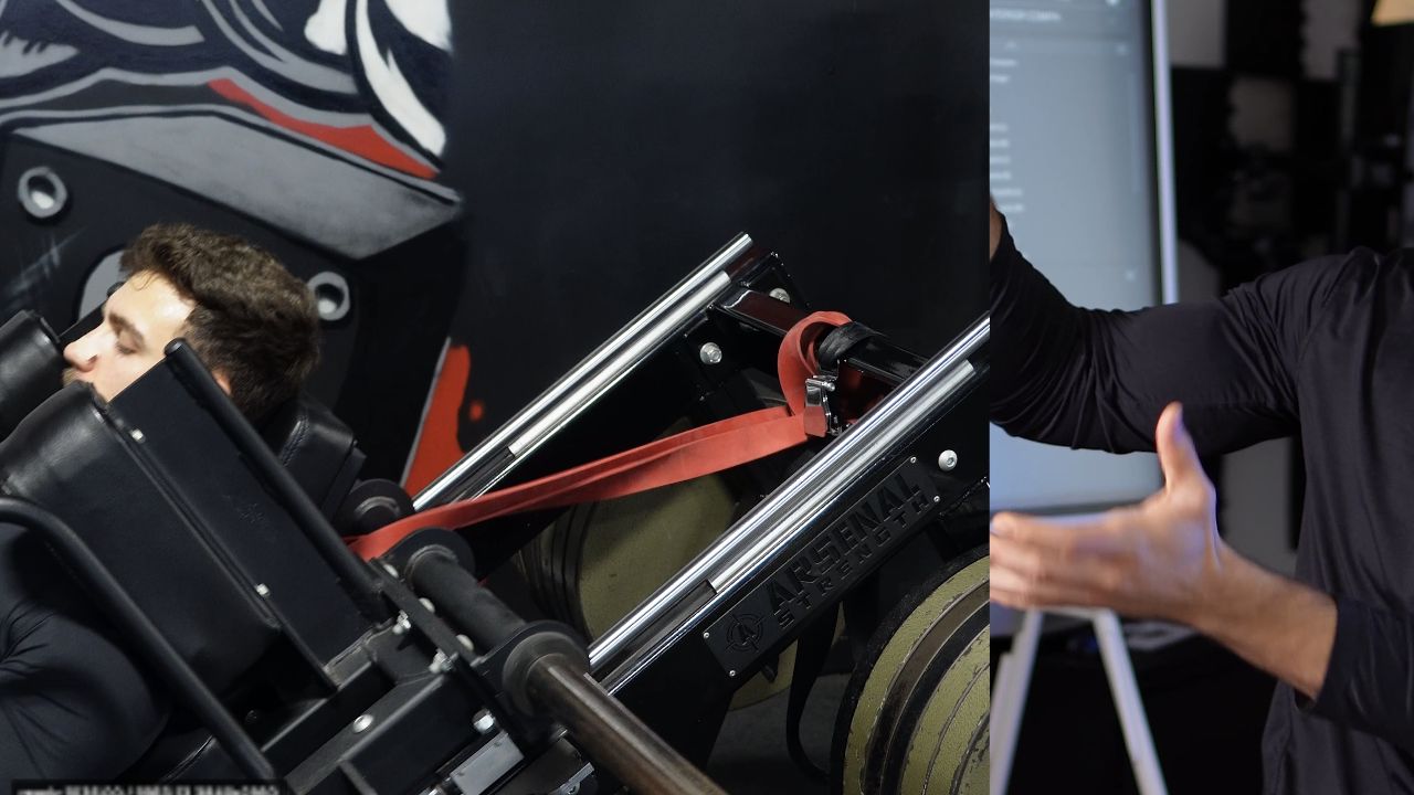 Reverse band attached high on a hack squat so assistance increases toward the bottom